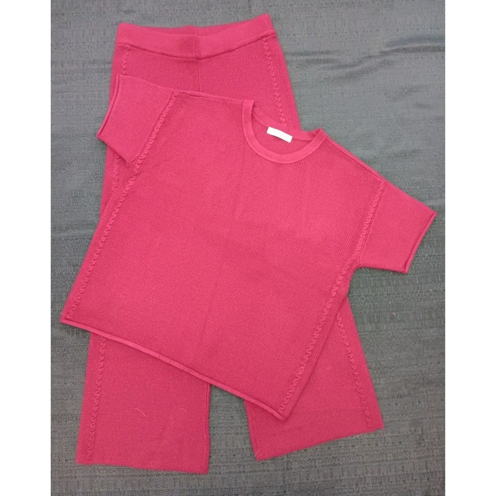 Zenana Women Pink Ribbed Knit 2 Piece Set Short Sleeve Top Wide Leg Pants M NWOT